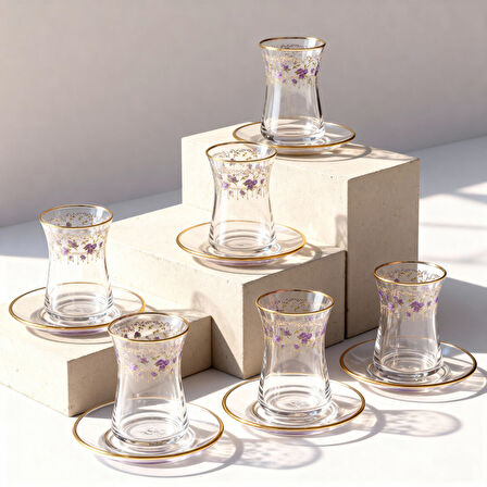 GÜRAL PORSELEN Güral Cam 12 Parça 6 Kişilik Çay Takımı Mor Çiçek