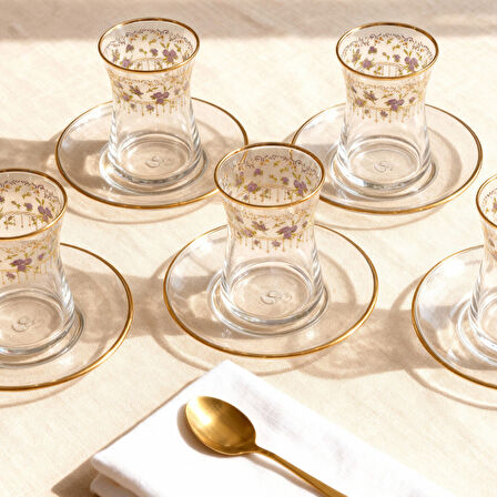 GÜRAL PORSELEN Güral Cam 12 Parça 6 Kişilik Çay Takımı Mor Çiçek