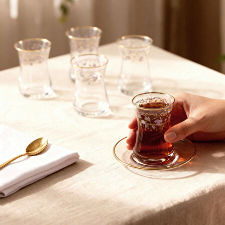 GÜRAL PORSELEN Güral Cam 12 Parça 6 Kişilik Çay Takımı Mor Çiçek