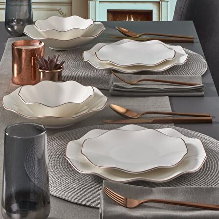 Güral Porselen Nesrin 18 Parça 6 Kişilik Modern Yuvarlak Bone Porselen Yemek Takımı 