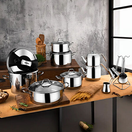 GÜRAL PORSELEN Saray 18 Parça Metal Kulplu Çelik Tencere Takımı Mk