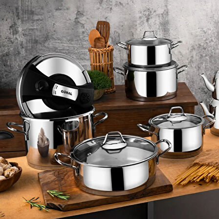 GÜRAL PORSELEN Saray 18 Parça Metal Kulplu Çelik Tencere Takımı Mk