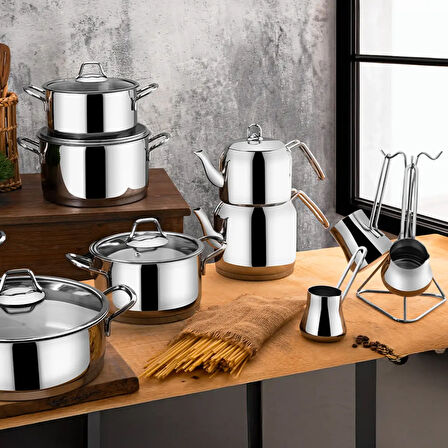 GÜRAL PORSELEN Saray 18 Parça Metal Kulplu Çelik Tencere Takımı Mk