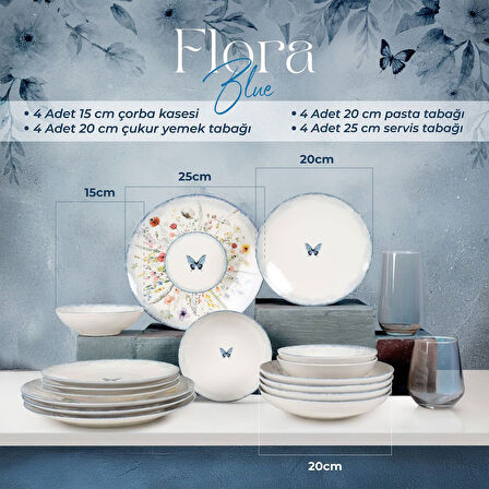 Güral Porselen Flora Blue 16 Parça 4 Kişilik Yemek Takımı 48833