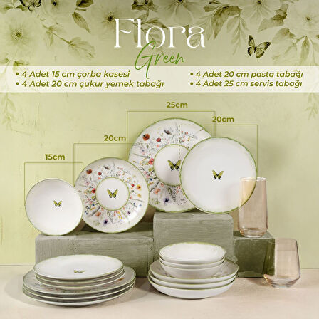 Güral Porselen Flora Green 16 Parça 4 Kişilik Yemek Takımı 4883