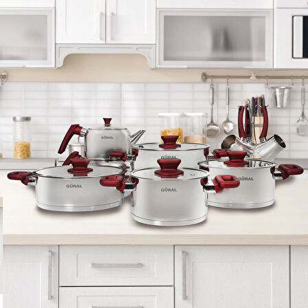 GÜRAL PORSELEN 16 Parça Çelik Tencere Takımı - Kırmızı