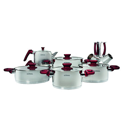 GÜRAL PORSELEN 16 Parça Çelik Tencere Takımı - Kırmızı