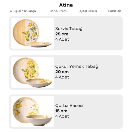 GÜRAL PORSELEN Camelia Lemon  Matt 12 Parça 4 Kişilik Yemek Takımı 5733