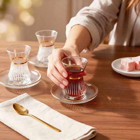 GÜRAL PORSELEN Güral Cam 12 Parça 6 Kişilik Elit Çay Takımı Altın