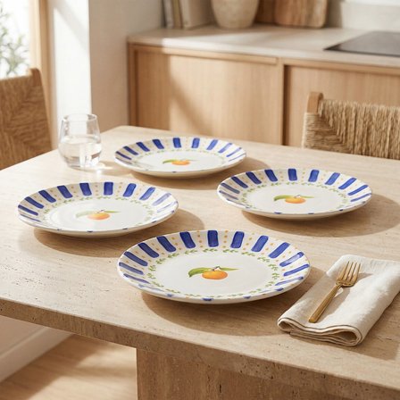 GÜRAL PORSELEN Kayısı Desenli 25 cm 4lü Porselen Düz Yemek Tabağı Seti