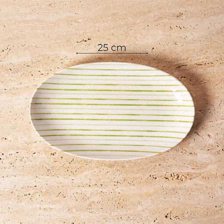 GÜRAL PORSELEN Yeşil çizgi desenli Elips 2li 25 cm Porselen Kayık Tabak