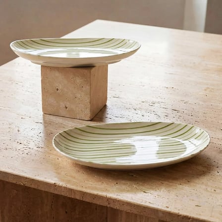GÜRAL PORSELEN Yeşil çizgi desenli Elips 2li 25 cm Porselen Kayık Tabak
