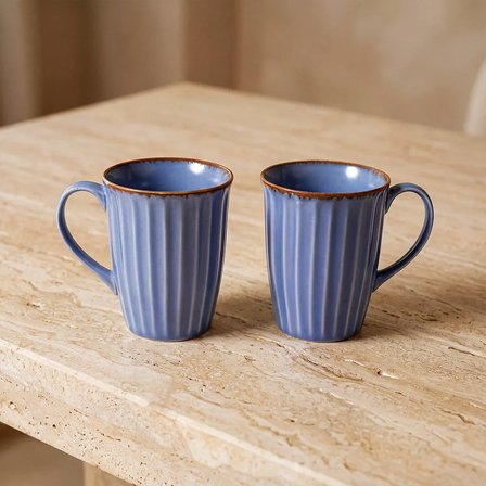 GÜRAL PORSELEN Mavi Rölyef Desenli 2li Porselen Mug Seti