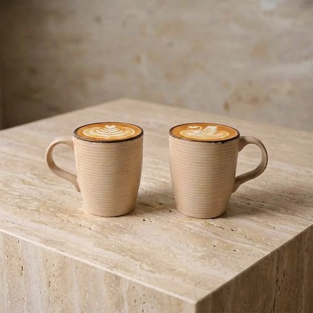 GÜRAL PORSELEN Bej Rölyef Desenli 2li Porselen Mug Bardak Seti