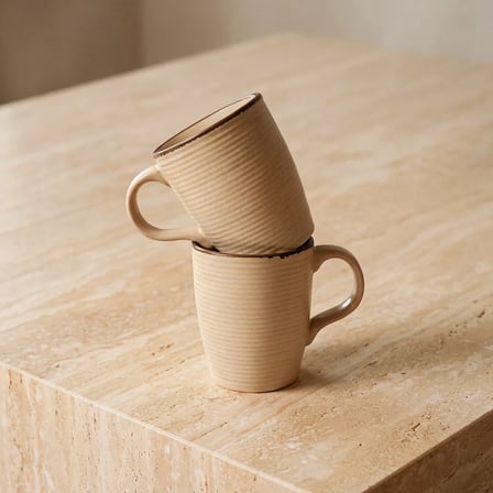 GÜRAL PORSELEN Bej Rölyef Desenli 2li Porselen Mug Bardak Seti