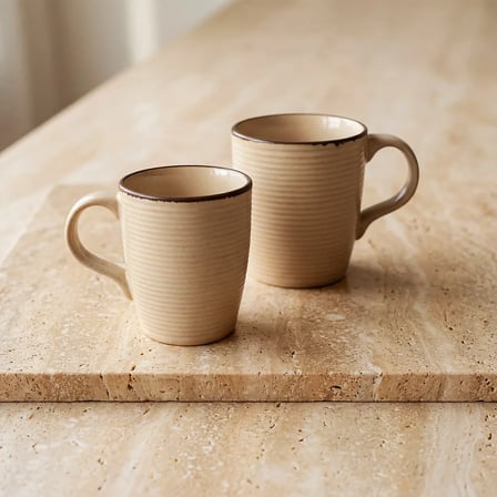 GÜRAL PORSELEN Bej Rölyef Desenli 2li Porselen Mug Bardak Seti