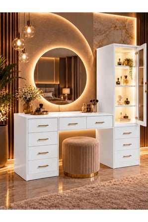 LED Aydınlatmalı Aynalı Makyaj Masası, Lumera Çekmeceli Dolaplı Şifonyer