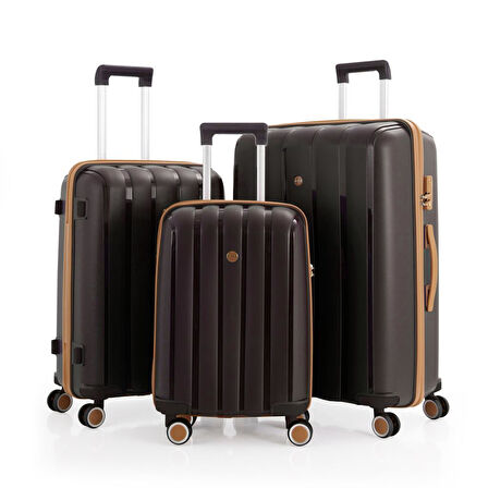 MÇS 3lü Set Kırılmaz Silikon Valiz Bavul V305 Acı Kahve/Şampanya