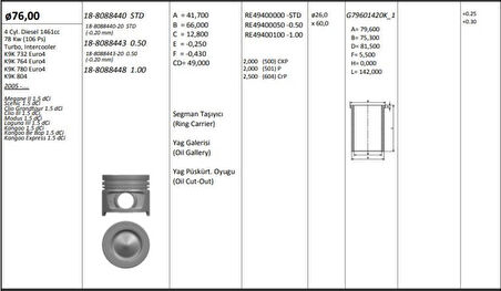 Nissan Motor Piston+segmanı Megane II Scenic Clio III Modus Laguna III Kangoo (1.5dci Euro4 K9k) [(76.00mm - Kingpiston 18-8088440-20