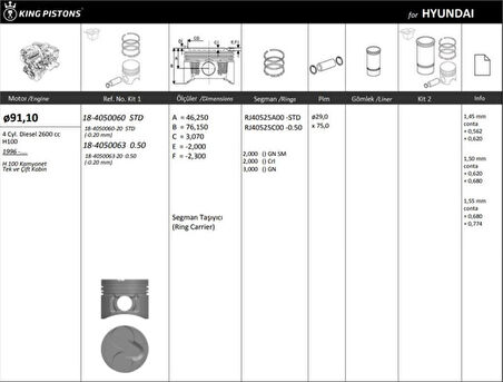 Hyundaı Motor Piston+segmanı ( Riken )  91,10+stdmm Cap H2600  4 Sil. Dizel 2600 CC 96-> - Kingpiston 18-4050060