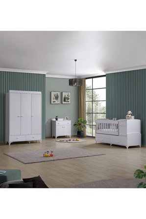 Elegant Çocuk Odası Takımı, Elegant 3 Kapaklı Dolap, Büyüyen Beşik, Şifonyer - Beyaz
