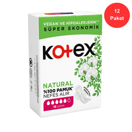 Kotex Ultra Natural Uzun Ped 16'lı x 12 Paket (Toplam 192 Ped) %100 Pamuk, Vegan ve Hipoalerjenik