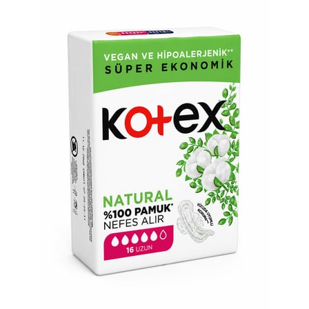 Kotex Ultra Natural Uzun Ped 16'lı x 3 Paket (Toplam 48 Ped) %100 Pamuk, Vegan ve Hipoalerjenik