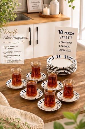 Porsima Yasemin Dicle 18 Parça 6 Kişilik Çizgili Porselen Pasta ve Çay Takımı Sunum Seti