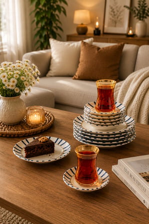 Porsima Yasemin Dicle 18 Parça 6 Kişilik Çizgili Porselen Pasta ve Çay Takımı Sunum Seti