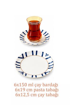 Porsima Yasemin Dicle 18 Parça 6 Kişilik Çizgili Porselen Pasta ve Çay Takımı Sunum Seti