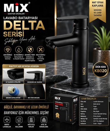 Mix Lüx Lavabo Bataryası Delta Serisi Siyah Yerli Üretim Ürün Kodu : KB020