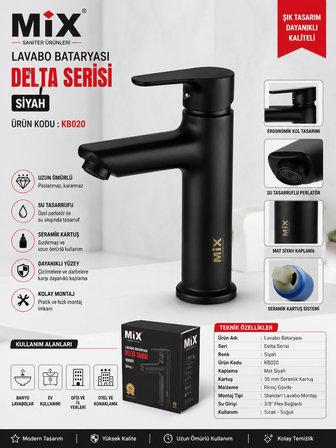 Mix Lüx Lavabo Bataryası Delta Serisi Siyah Yerli Üretim Ürün Kodu : KB020