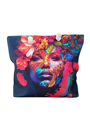 Kadın Plaj Çantası Fermuarlı İçi Astarlı Cepli Özel Resim Çizimli Yumuşak Halat Saplı