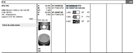Renault Motor Segmanı Laguna I 2,0i 16v N7q (std) - Goetze 61045005g