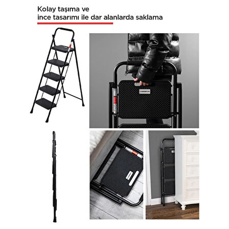 Perilla 51405 Stepla Geniş 5 Basamaklı Katlanır Merdiven Eurotower Siyah