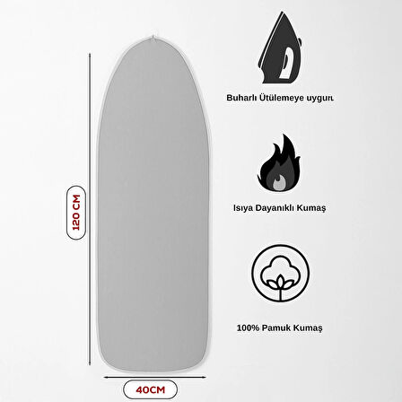 Porsima Isıya Dayanıklı 100% Pamuk Süngerli Ütü Masası Kılıfı - Buharlı Ütüleme Uyumlu 120x40cm