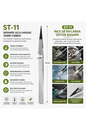 ST-11 Isıya Dayanıklı Antistatik Seramik Uçlu Hassas Elektronik Tamir Cımbızı
