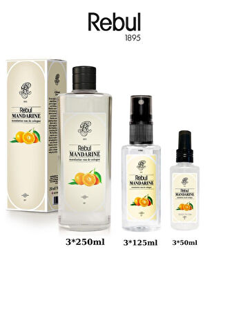 Rebul Mandarine (Mandalina) Edc Kolonya 250ml Cam Şişeli, 125ml - 50ml Pet Sprey Şişeli 3'lü Set (9 