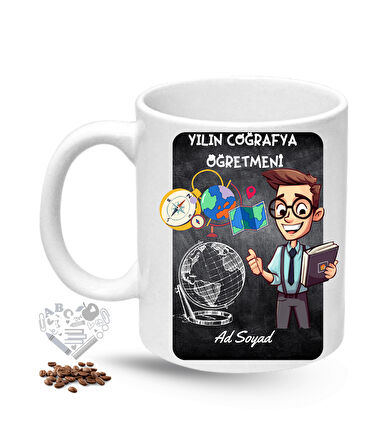 Coğrafya Öğretmeni Erkek Öğretmenler Günü Hediyesi İsimli Baskılı Porselen Kupa Bardak