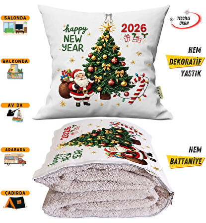 Happy New Year Nakışlı Punch Efekt Baskılı Tv Battaniyesi Olabilen Dekoratif Yastık Battaniye