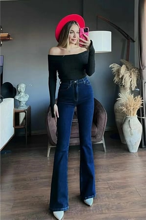 Tanye Lacivert İspanyol Yüksek Bel Toparlayıcı İspanyol Paça Solmaz Jeans Pantolon