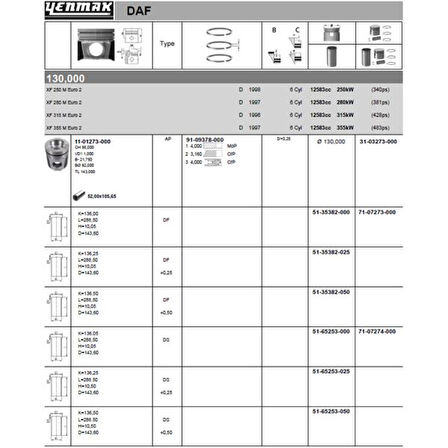 Daf Truck Motor Piston+segman 130 MM Daf Cf 85 - Xf 95 - Xf 250-280-315-355) - Yenmak 31-03273-000