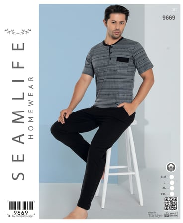 Seamlife Erkek %100 Pamuk Yazlık Kısa Kollu Pijama Takımı 9669