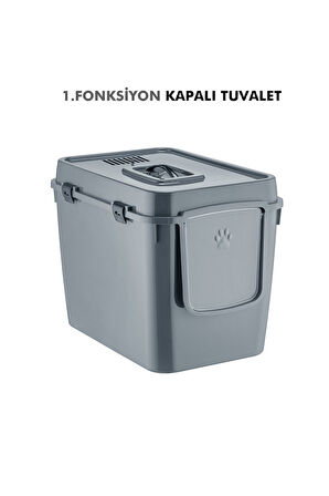 Pribor HZ-500 Xxl 3 Fonksiyonlu Açık / Kapalı Kedi Tuvaleti ve Taşıma Çantası Gri 56 x 40 x 43 Cm