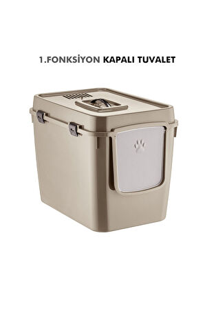 Pribor HZ-500 Xxl 3 Fonksiyonlu Açık / Kapalı Kedi Tuvaleti ve Taşıma Çantası Bej 56 x 40 x 43 Cm