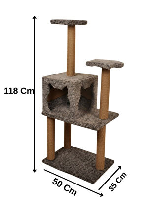 Pribor Üç Katlı Yuvalı Lüx Kedi Tırmalama Platformu ve Kedi Oyun Evi Gri 118 cm