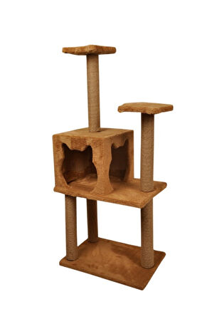 Pribor Üç Katlı Yuvalı Lüx Kedi Tırmalama Platformu ve Kedi Oyun Evi Kahverengi 118 cm