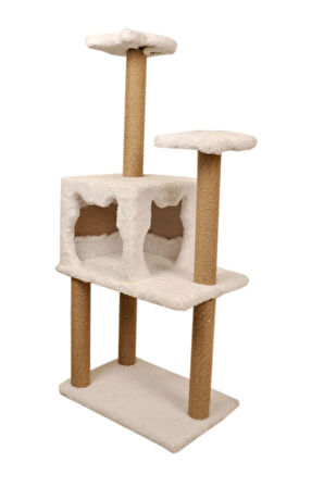 Pribor Üç Katlı Yuvalı Lüx Kedi Tırmalama Platformu ve Kedi Oyun Evi Beyaz 118 cm