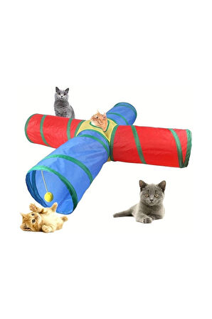 Pribor Kedi Oyun Tüneli 4 Çıkışlı Model Içerisinde Toplu Katlanabilir Gökkuşağı Renkli