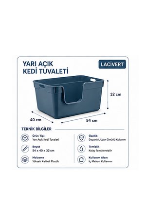 Pribor Yüksek Kenarlı Yarı Açık Kedi Tuvaleti, Geniş Ve Kolay Temizlenebilir 54 x 40 x 32 cm Mavi